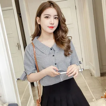 

Female Small Fresh Shprt Sleeve Lapel Blouse Elegant Blouse Women Sweet Bow Tie Vintage Black Red Plaid Shirt
