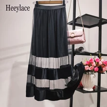 Осенняя Женская длинная Плиссированная юбка Корейская версия эластичная высокая талия сетка бархат лоскутное Элегантное макси юбка Harajuku уличная одежда