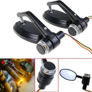 

22mm 7/8" Motorcycle Handlebar Bar End Rear View Side Mirrors With LED Turn Signals