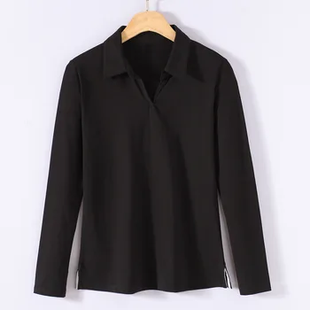 

2020 WOMEN Spring and summer long-sleeved T-shirt female Korean version of the slim cotton lapel large size