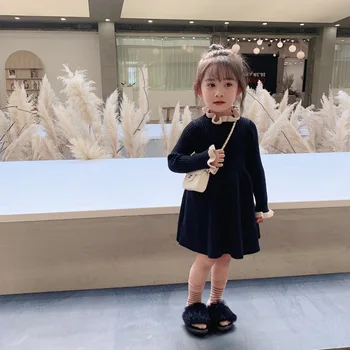 

2019 Winter New Children Girl Ear Edge Knitting Wool Dresses Baby Long Sleeve Causal Sweater Princess Dress Kids Cotton Dress