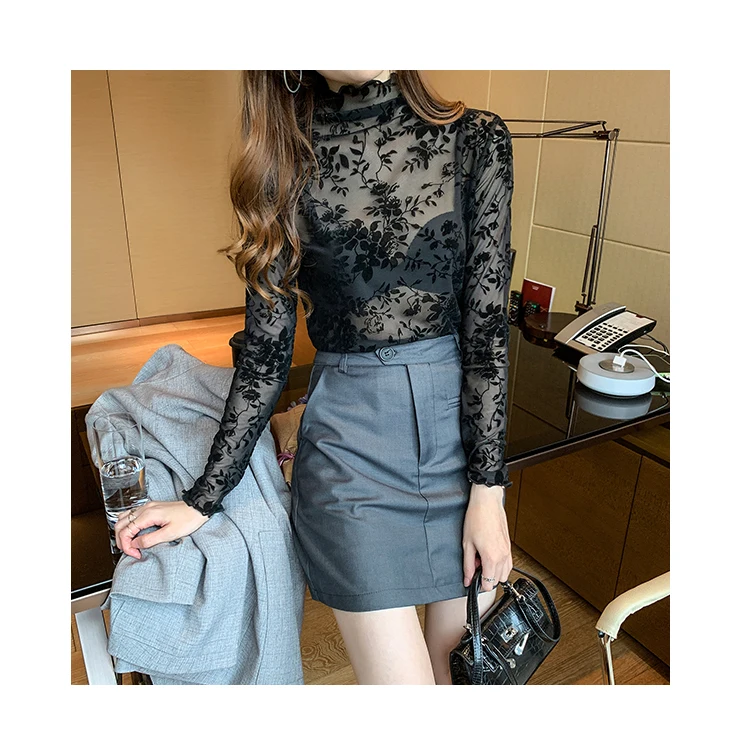 Korean Fashion Mesh Women Blouses Office Lady Shirt and Blouse Long Sleeve Floral Blusas Largas Loose Womens Sexy Tops