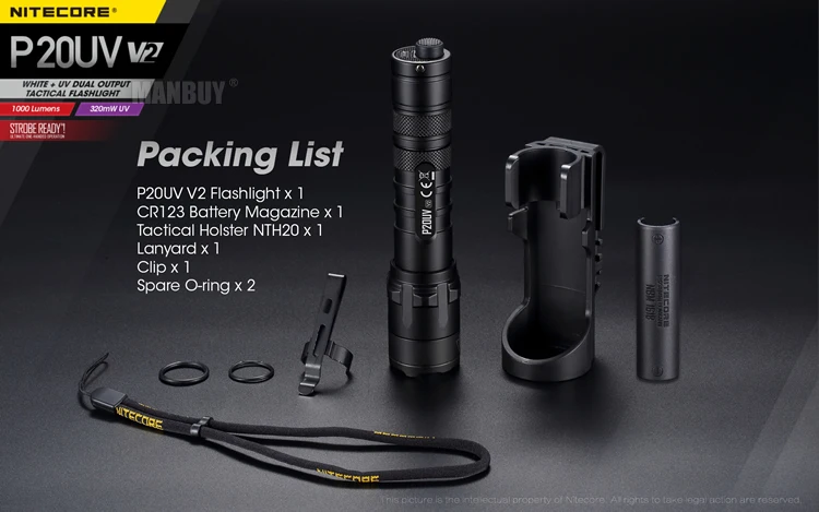 Lanterna para Caça ao ar Nitecore Feixe uv Cree Xp-l2 v6 Led 1000 Lúmen Tático 18650 Livre Acampamento P20uv v2 320mw 2 XP-L2 v6 led 1000 lúmen tático 18650