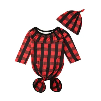 

0-24M Baby Sleeping Bags Newborn Infant Red Plaid Blanket Swaddle Wrap Gown 2pcs Outfits Baby Boys Girls Christmas Sleeping Bag