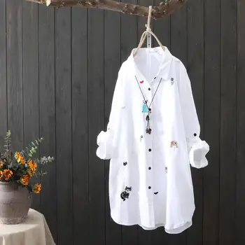 

Long Sleeve Cotton Shirts Women Emboridery Blouse 2020 Female New Fashion White Casual Tops Office Lady Wear Plus Size