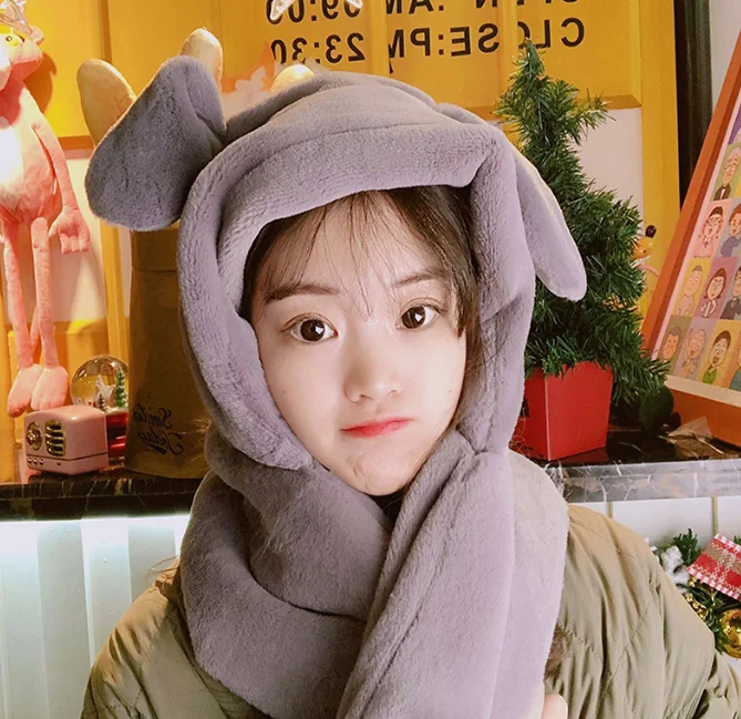 Autumn and winter leisure new cute headgear plush movable rabbit ears cap scarf multi-functional all-in-one hat J06
