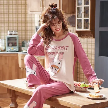 

QUEENX Pajamas Autumn Cotton Long-Sleeved Female Cartoon Sweet Cute Pants New Korean Style Leisure Tops Two Piece Suit