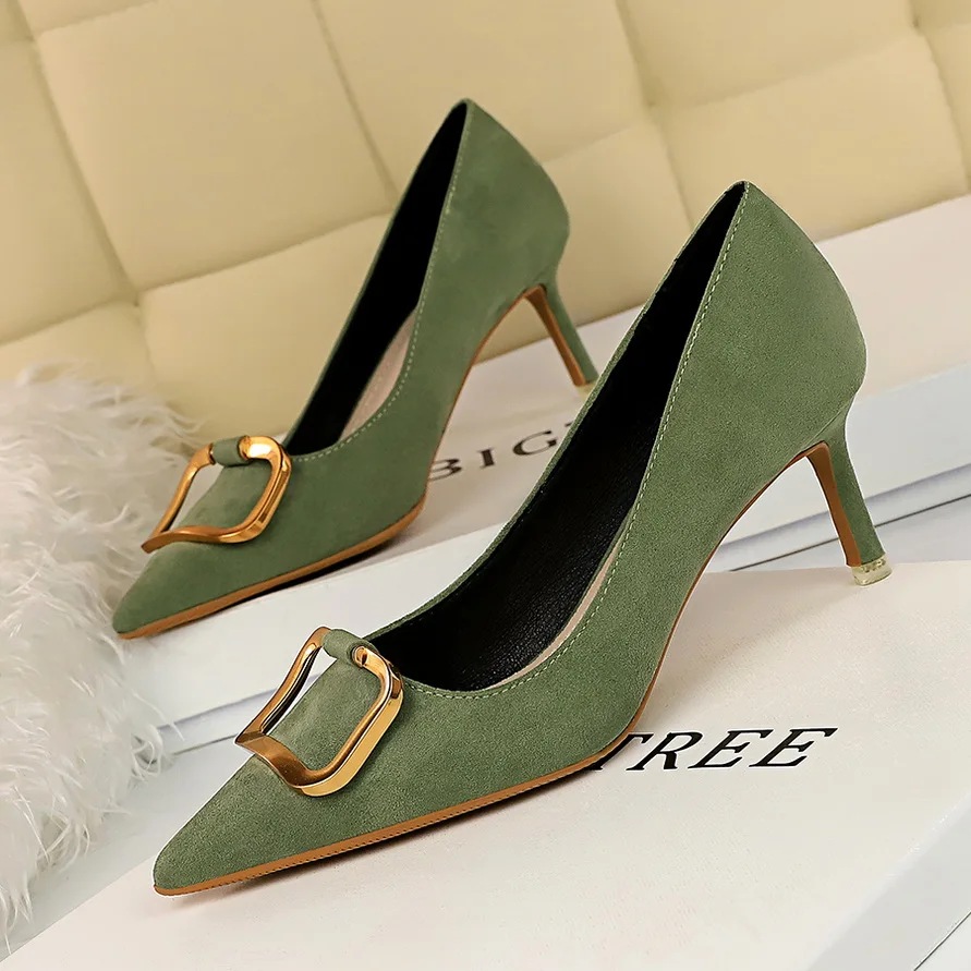 Women 6.5cm High Heels Suede Purples Pumps Lady Scarpins Fashion Kitten Low Heels Sexy Office Green Yellow Office Shoes
