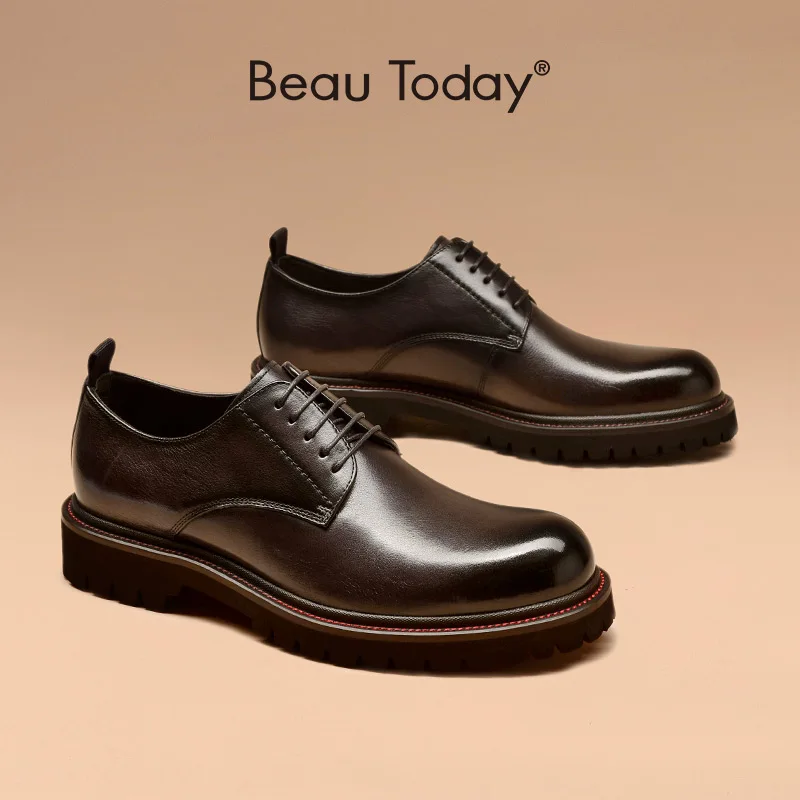 Men Derby Shoes Calfskin Leather Waxing Round Toe Lace-Up Platform Gentleman Business Dress Shoes Handmade 55503