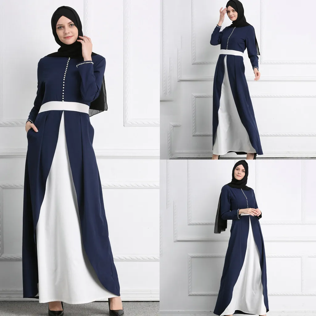 Длинное платье в мусульманском стиле с голубым и белым отстрочкой длинное