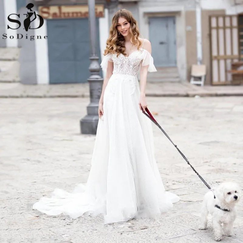 

SoDigne Boho Wedding Dresses 2021 Sexy Open Back Off Shoulder Lace Appliques Bridal Gown Princess Wedding Gowns Custom Made