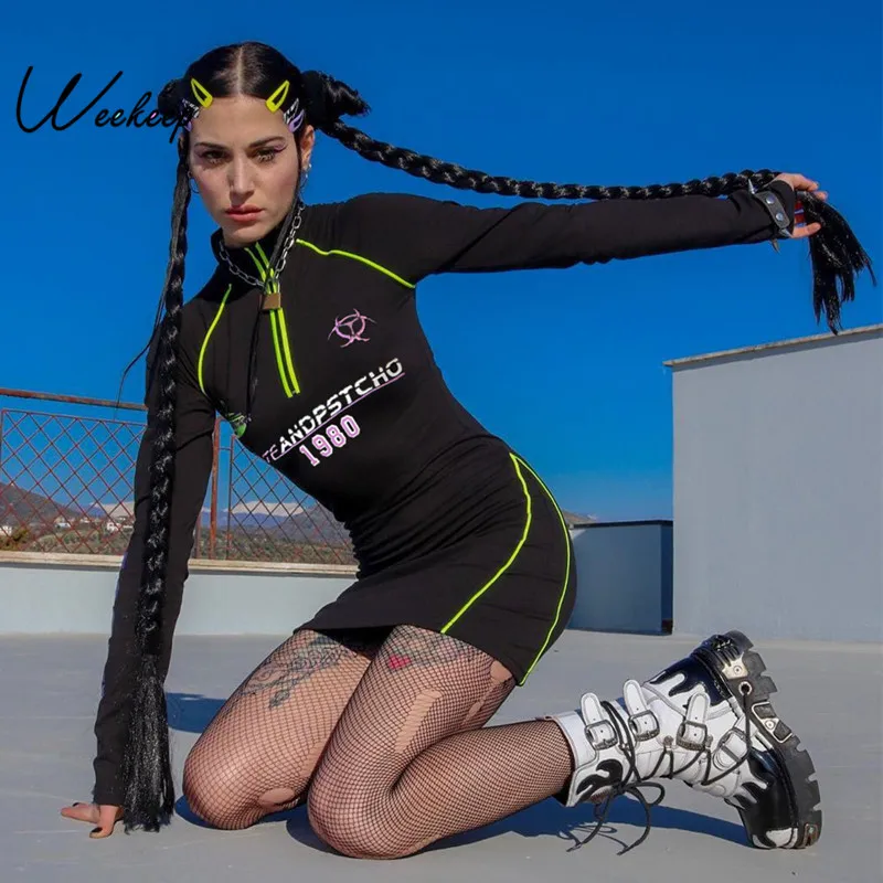 

Weekeep Streetwear Printed Sexy Mini Dress Women Black Long Sleeve Spring Autumn O-neck Fitness Dresses Vestidos