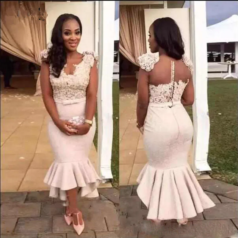 African Arabic Mermaid Evening Dress Sexy V-Neck Lace Satin Ruffles Tea Length Short Prom Dresses Elegant Formal Party Wear