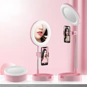 

LED Ring Fill Light With Cosmetic Mirror Dimmable Tabletop Light Phone Holder For Selfie Live (Pink)