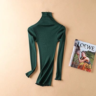 Sweater Women pullovers 80% Natural Silk 20% Cotton turtleneck Rib knits shirt long sleeved sweater Fall winter tops jumper - Цвет: Dark green