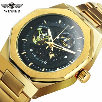 

WINNER Classic Business Alloy Glass Dial Automatic Luxury Golden Mechanical Stainless Steel Folding Clasp Men Watches 516