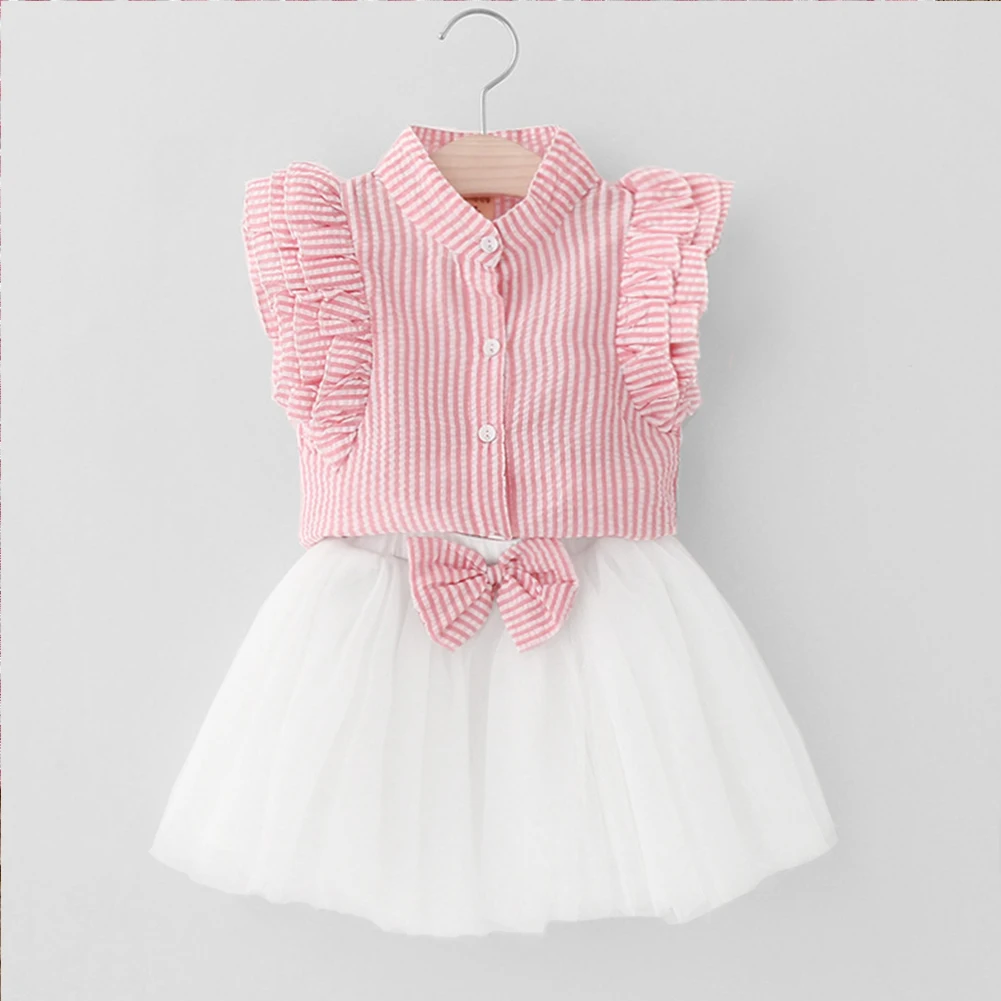 2PCS Set Girls Kids Baby girl striped Ruffle sleeveless Tops+ Lace Tulle Skirt Outfits Clothes set