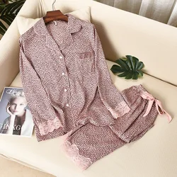 Leopard Print Women Pajama Set Ice Silk Soft Touch Long Sleeve Suit Pyjamas pj