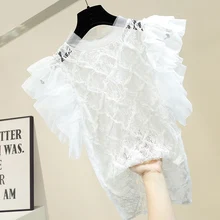 Sexy Lace Blouse Women Sweet Hollow Out Lace Joint Gauze Perspective Sexy Shirt Women's Slim Fit Stand Collar Tops Blusas Femme Sexy Lace Blouse Women Sweet Hollow Out Lace Joint Gauze Perspective Sexy Shirt Women's Slim Fit Stand Collar Tops Blusas Femme