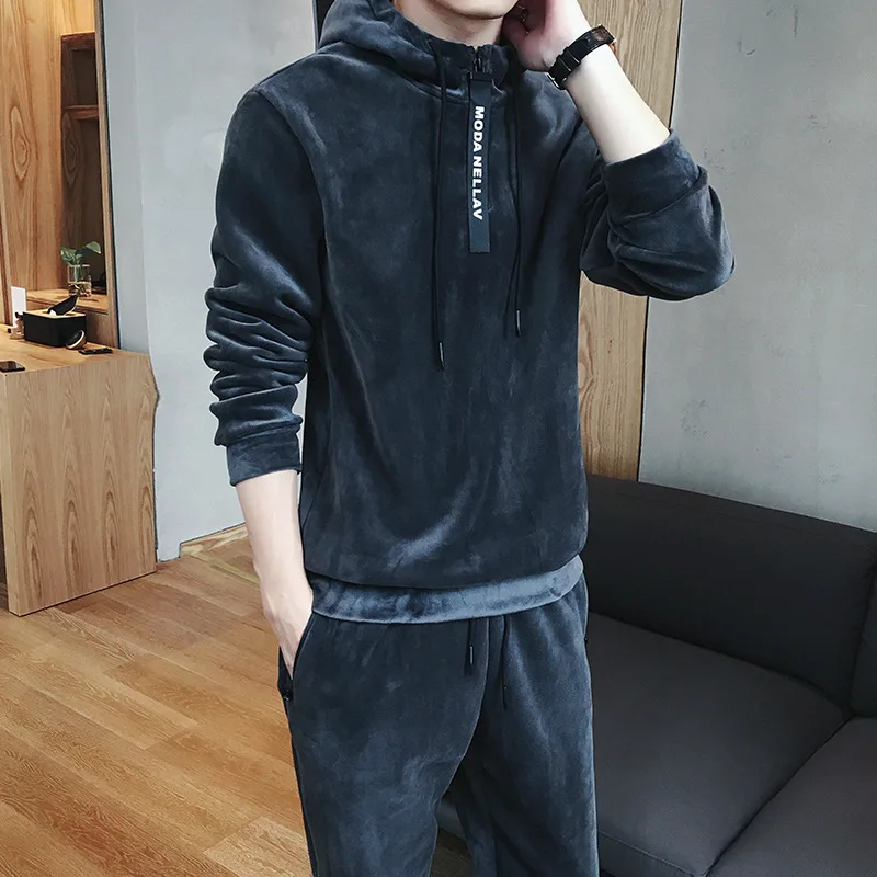 

Men Winter Gold Velvet Hoodie Set Youth Trend Warm Handsome Leisure Sports Suit Two-Piece Set