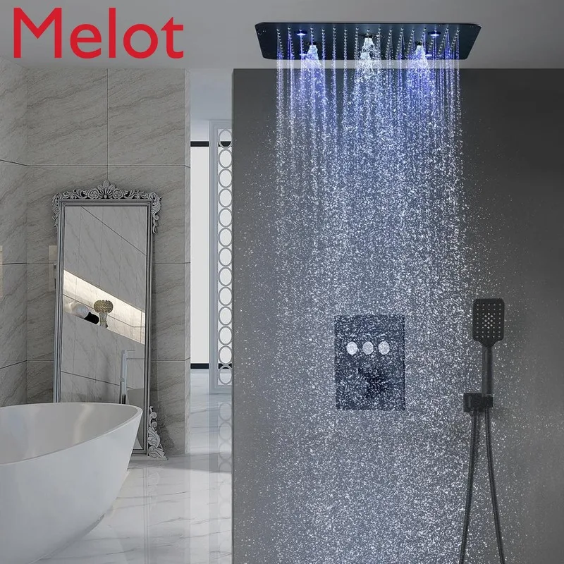 

Bathroom Accessories Matt Black Shower Faucet Head Kit Colorful LED 3 Function Button Switch Thermostatic Shower Set