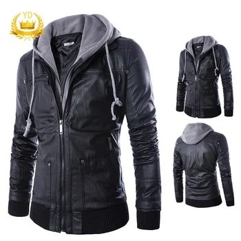 

Motorcycle Leather Jacket Men's Two-piece Leather Jacket Long-sleeved Jacket Black Hooded Detachable Fake Two Pieces YDJS
