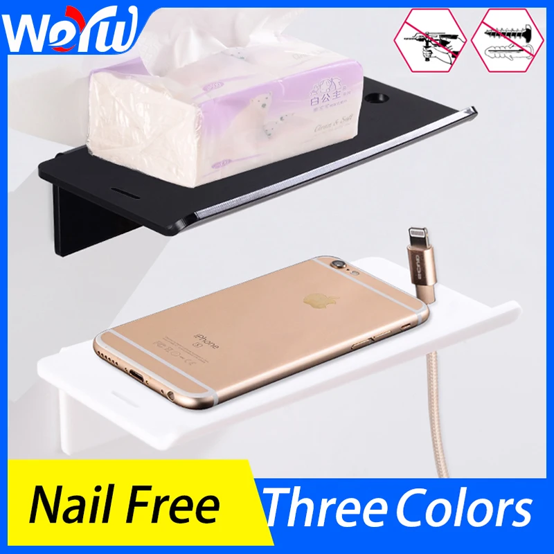 

Bathroom Shelves Shower Storage Rack Plastic Black Bedroom Make Up Shelf Wall Mounted Mobile Phone Charging Holder Nail Free