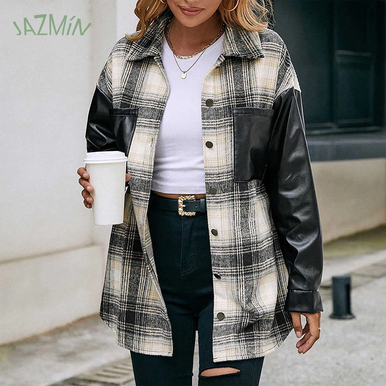 Camisa de cuero a cuadros para ropa de calle Retro, chaqueta blanca negra, chaqueta acolchada cálida de invierno|chaquetas básicas| - AliExpress