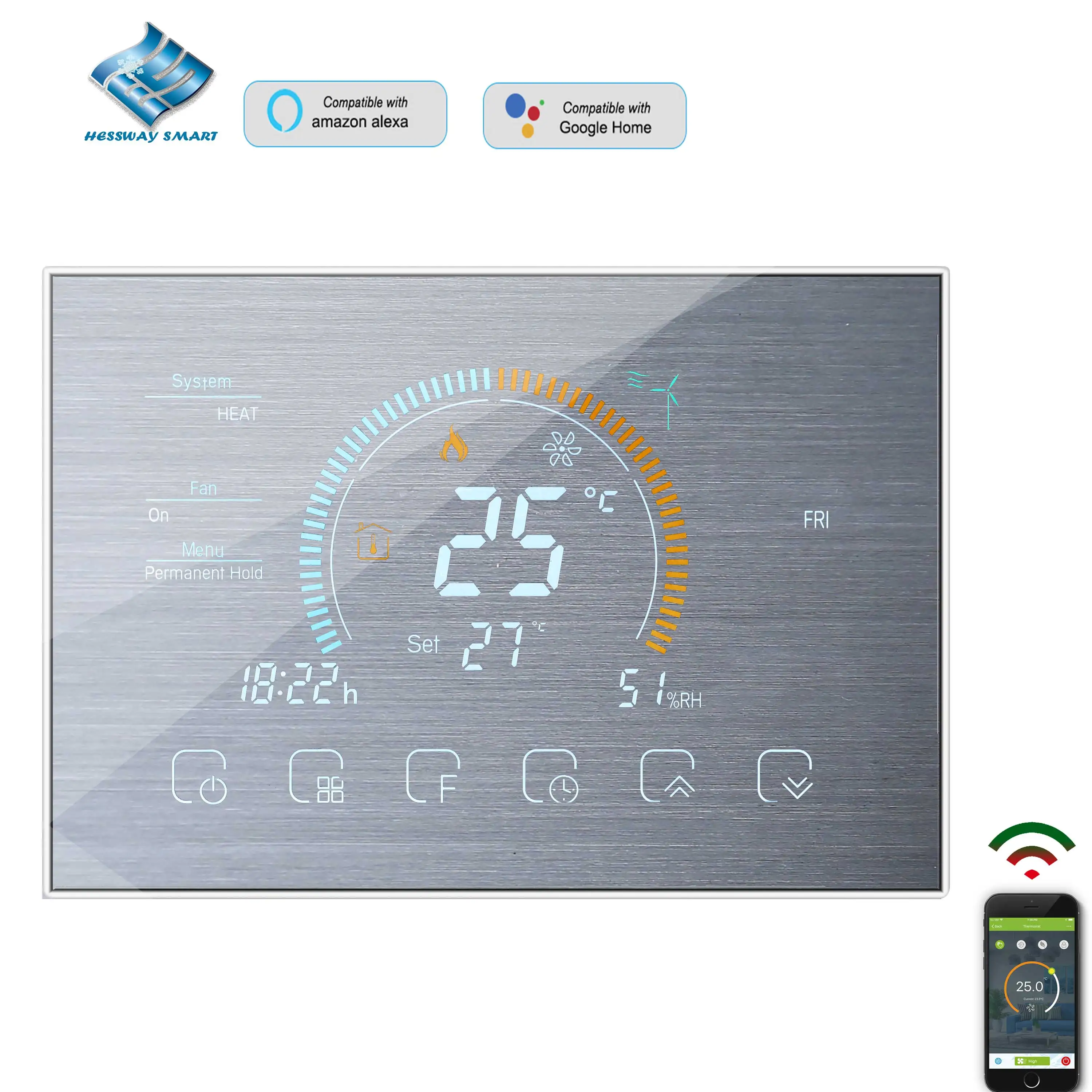 2Pipe/4p WIFI Smart Thermostat Google for Intelligent Temperature Control System NC/NO Valve and 3-Fan Speed Adjustment Switch