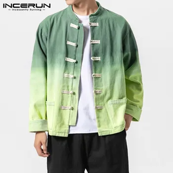 

INCERUN Retro Men Shirt Button Up Pockets Stand Collar Gradient Cotton Vintage Long Sleeve Blouse Casual Streetwear Shirts Men
