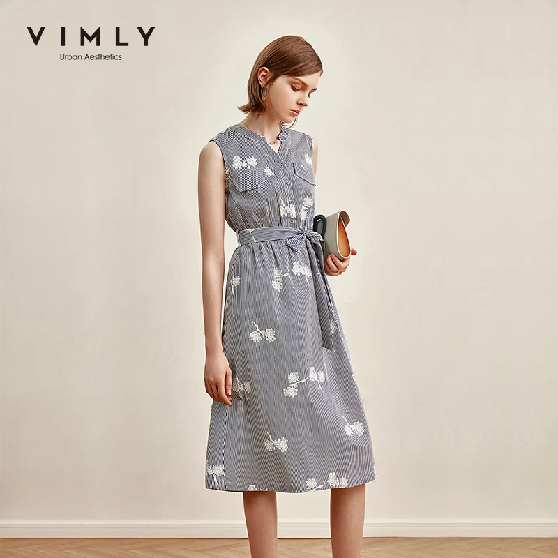 Vimly 2020 Summer Women Stripe Dresses Office Lady Elegant Sleeveless Loose Belt Vintage Female Aline Dress Vestidos F1595 Vimly 2020 Summer Women Stripe Dresses Office Lady Elegant Sleeveless Loose Belt Vintage Female Aline Dress Vestidos F1595