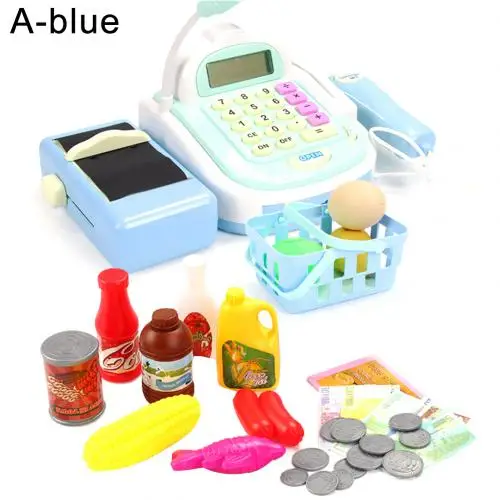 Симулятор рынка кассовый аппарат Еда Набор со звуком светильник дети ролевые игры игрушка Дети Многофункциональный логическое мышление - Цвет: A Blue