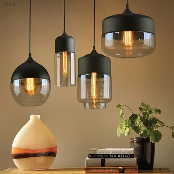 

Metal Industrial Glass Pendant Light Black Loft Bar Counter Dining Room Personality Creative Glass Ceiling Hanging Lamp