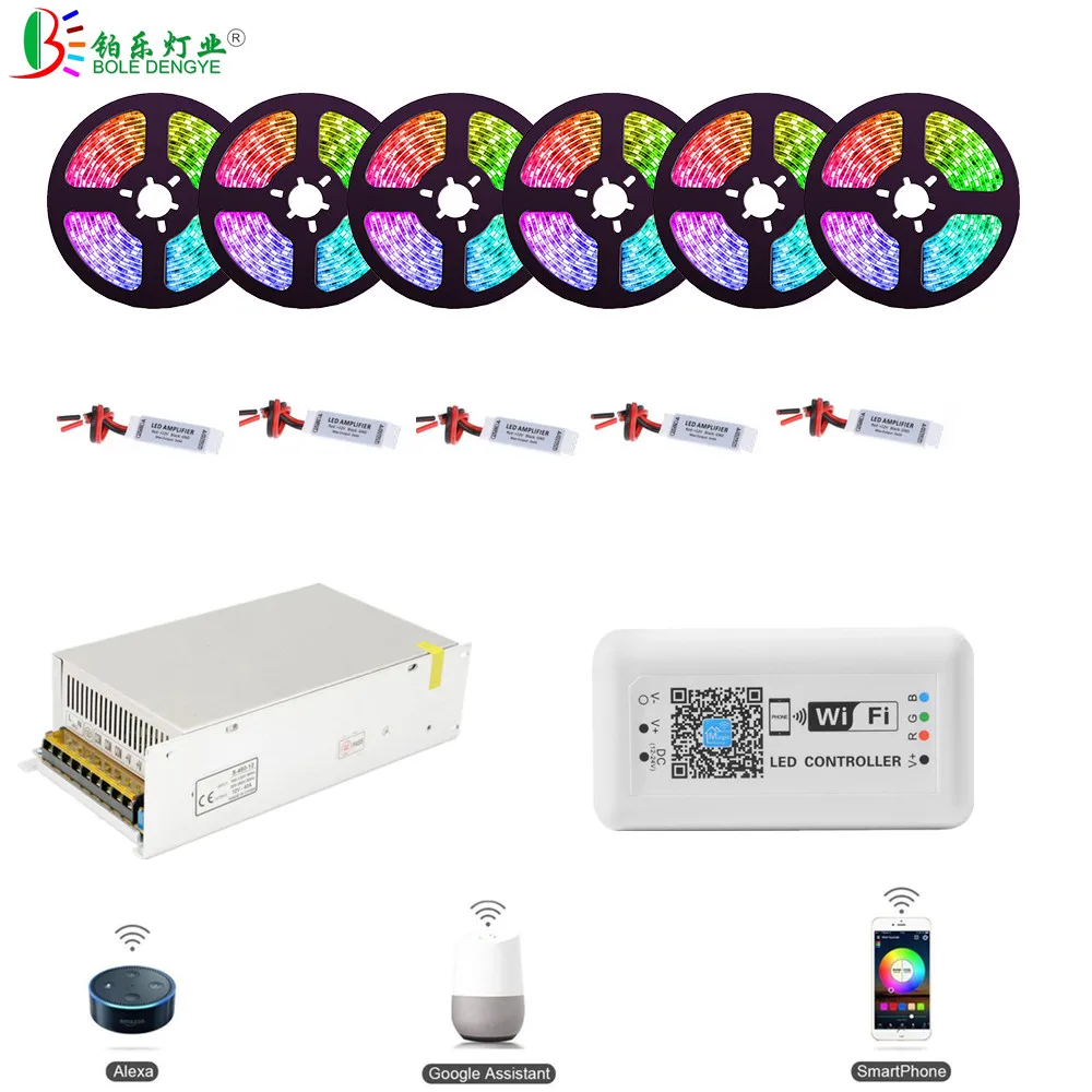 10M 20M 30M 5050 WIFI RGB LED Strip Works With Alexa Google Home IFFFT Controlled By Smart Phone DC 12V Flexible LED Tape Ribbon 5050 rgb led strip phone control wireless wifi tape works with google home iffft dc 12v flexible strip light power