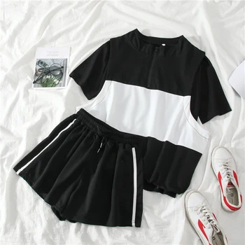 

2020 Summer Women 3 Piece Sets Casual Sports Streetwear Zipper Vest White T Shirt Pullover+high Waist Striped Short Pants Sets