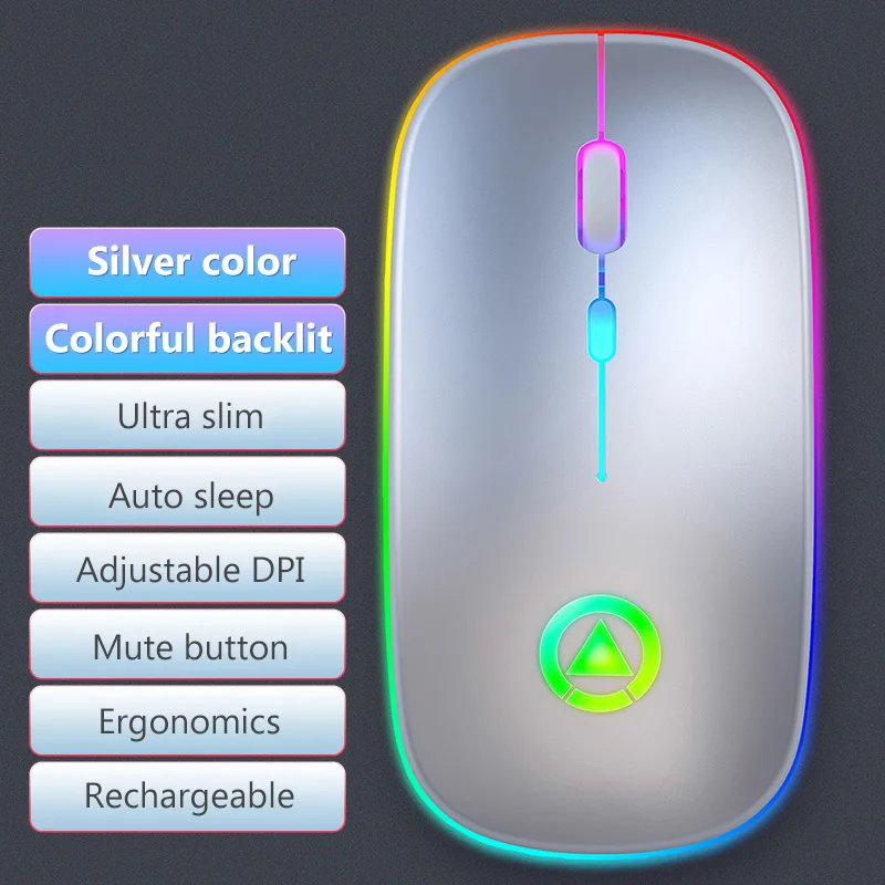2 4G Бесшумная беспроводная мышь RGB со светодиодной подсветкой 1600 точек/дюйм
