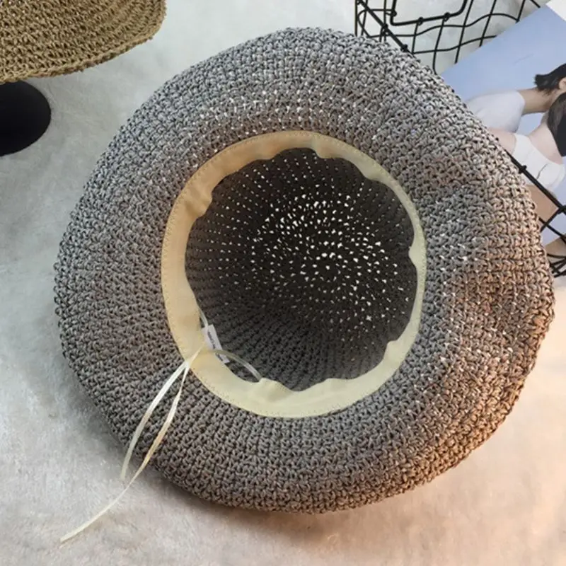 Women Handmade Crochet Straw Beach Sun Hat Contrast Color Stripes Adjustable Packable Wide Brim Sunscreen Holiday Bucket Cap
