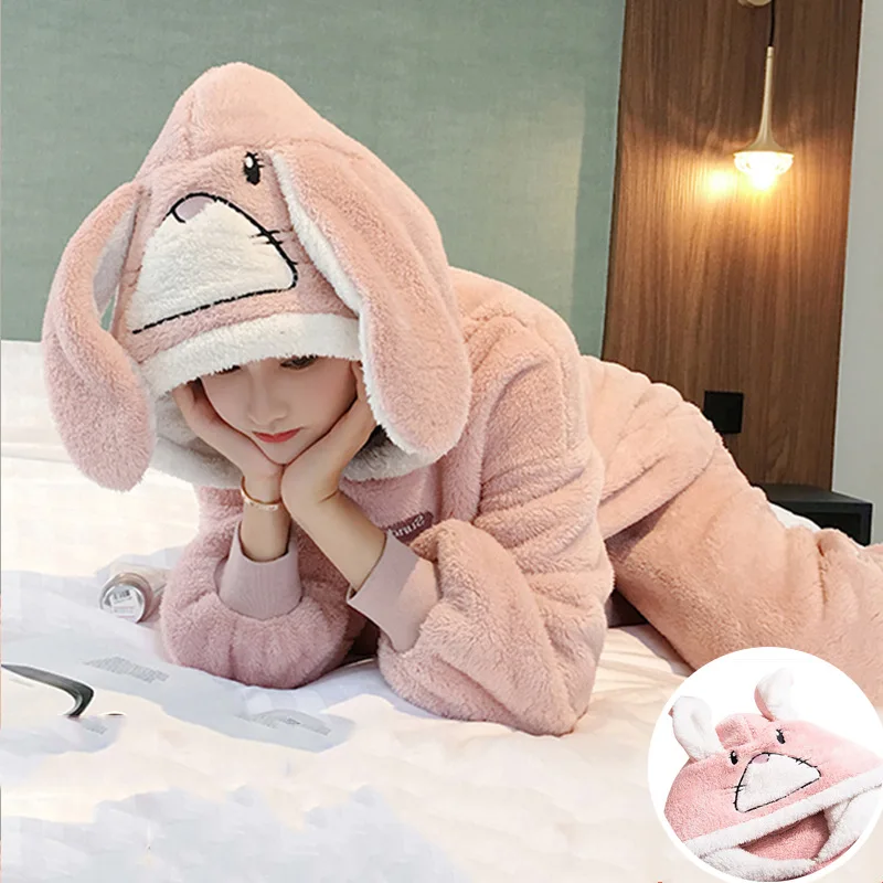 

The cute new winter 2020 rabbit hooded plush Women's home warm pajamas suit kawaii Girl style home pajamas two-piece set Tops