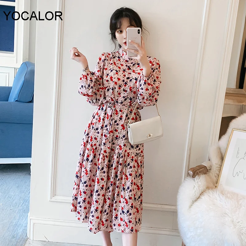 

Yocalor Plus Size Floral Print Dress Long Sleeve Waist Hugging Wrinkle Flounced Mid-length Dress GIRL Spring Summer Vestido