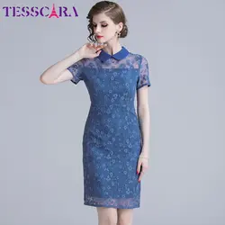 TESSCARA женское летнее синее кружевное платье-карандаш Festa Женская Высококачественная Офисная Женская одежда для вечеринки дизайнерские