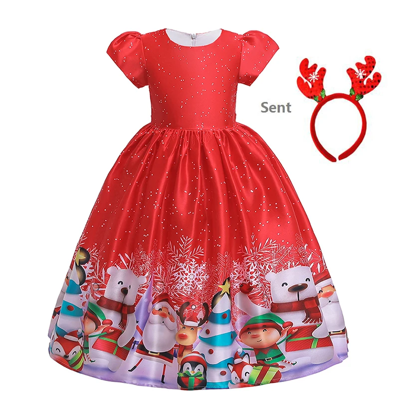 

Christmas Kids Dresses Sent Hair hoop Girls Princess Dress Elegant Printing Girls Wedding Dress Children Evening Party Dress