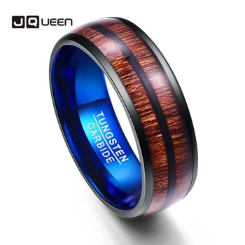 

JQUEEN Tungsten Carbide Rings 8MM Wide Plating Black and Blue Dome Tungsten Rings Double Groove Inlaid Acacia Wood Tungsten Ring