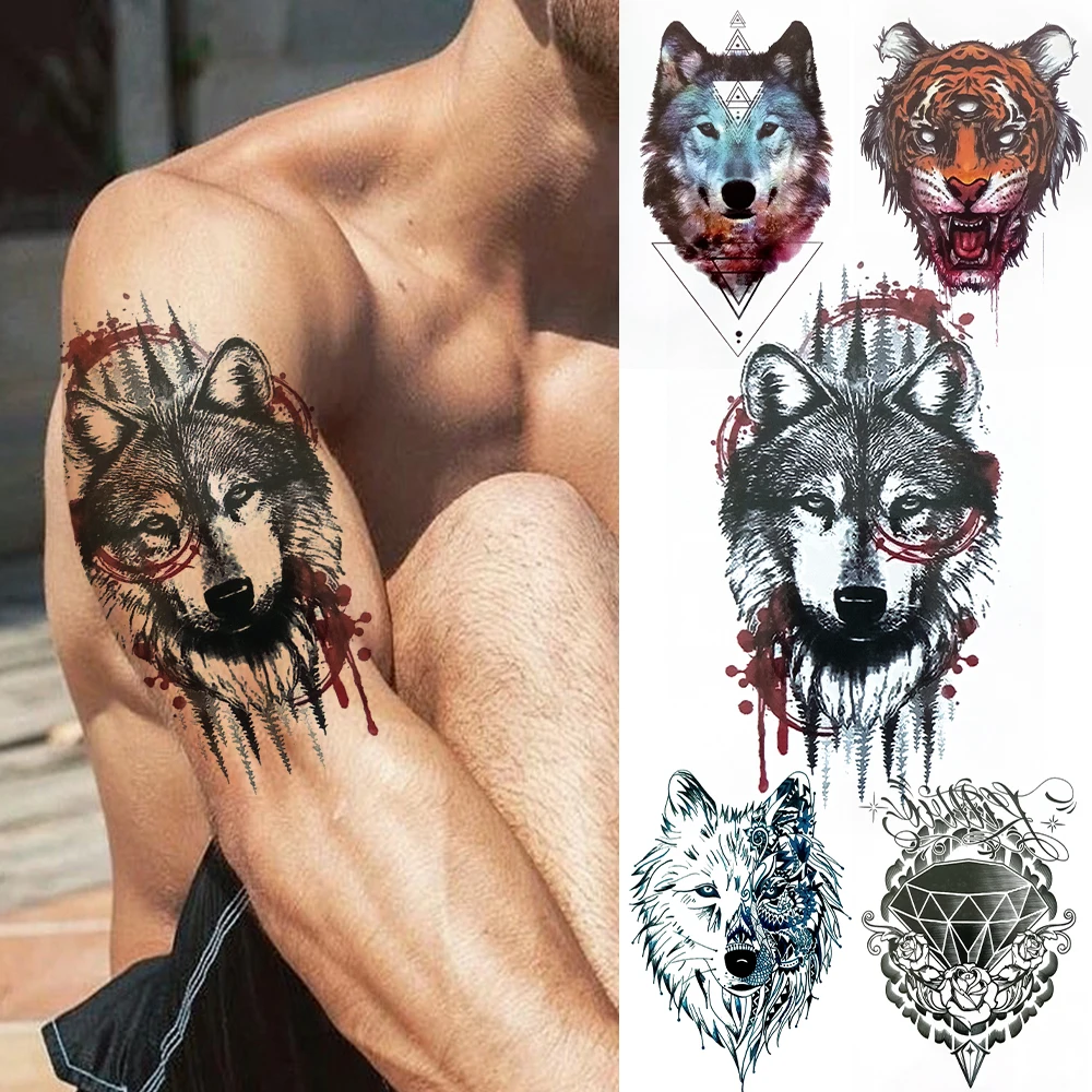 Black Wolf Forest Temporary Tattoos For Men Women Kids Fake Beast Tattoo Sticker DIY Disposable Transferable Tatoo Paper Arm | Красота и
