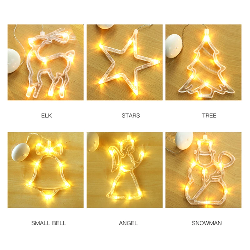 Рождественский светодиодный светильник на присоске, колокольчик, звезда, ангел, снеговик, праздничные вечерние украшения, Рождественский светильник, вечерние гирлянды на год