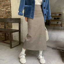 Корейская женская винтажная клетчатая юбка с высокой талией и разрезом сзади, прямые стильные облегающие длинные юбки средней длины на осень и зиму, harajuku faldas mujer