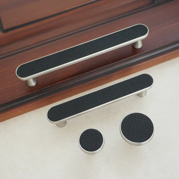 

3.75" 5" Black Leather Door Handles Silver Zinc Alloy Cabinet Pulls Knobs Round Modern Furniture Drawer Knob 96 128mm Hardware