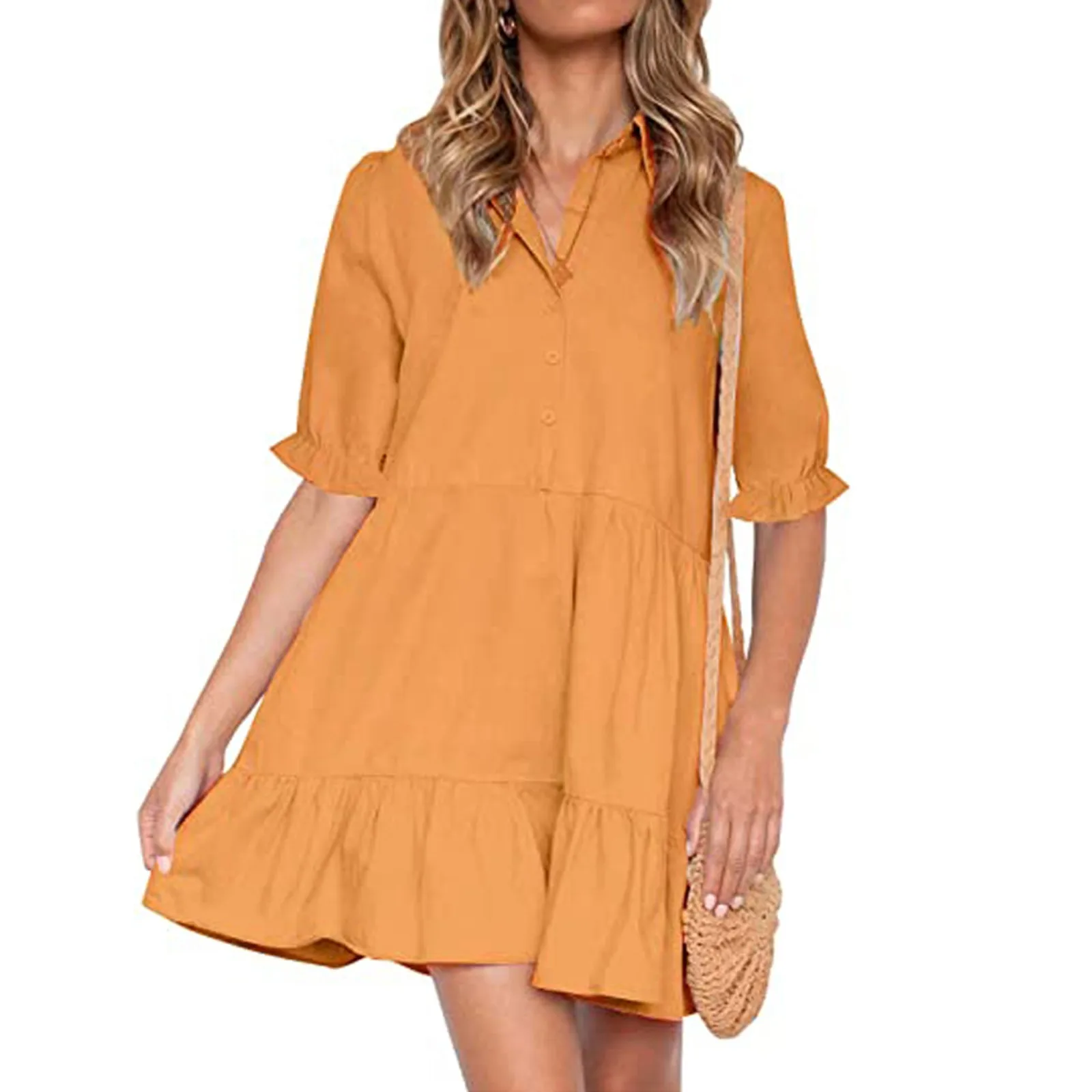 2021 Dress Women's Summer Fashion Casual Solid Color V-Neck Sexy Ruffle Short-Sleeved Dress Elegant Loose dress vestidos Mujer 1