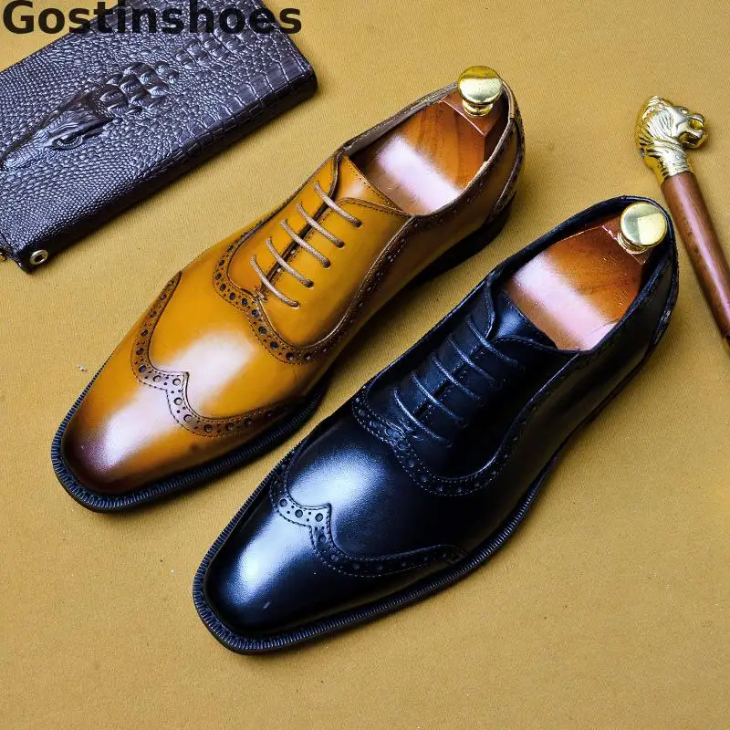 

Italy Design Men Shoes Genuine Leather Cowhide Black Brown Formal Derby Shoes Lace-up Wing Tip Pointed Toe Men Dress Shoes