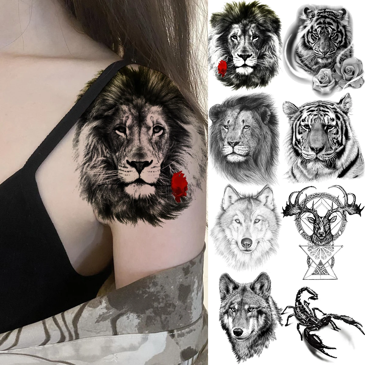 

Realistic Lion Rose Flower Temporary Tattoos For Women Adult Men Tiger Wolf Deer Fake Tattoo Stylish Waterproof Tatoos Sticker