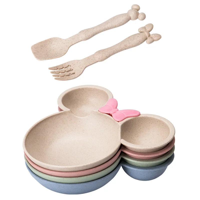 Natural Wheat Straw Bowl Baby Fork Food Bowl Kids Cartoon Toddler Children Spoon Dinner Plate Set Training Tableware Feeding